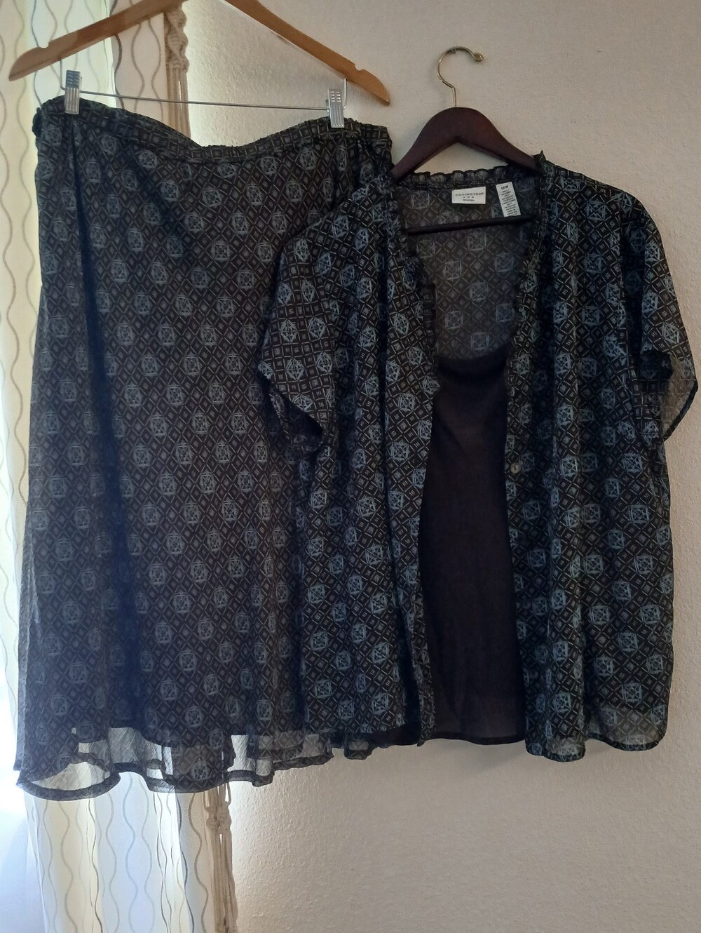 Covington Brown and Light Blue Geometric Cami, Kamono Style Top & Matching Skirt